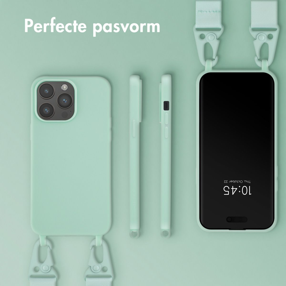 Custodia per telefono verde menta con telefono, due cinghie e due coperture su sfondo verde menta. Il telefono mostra l'ora.