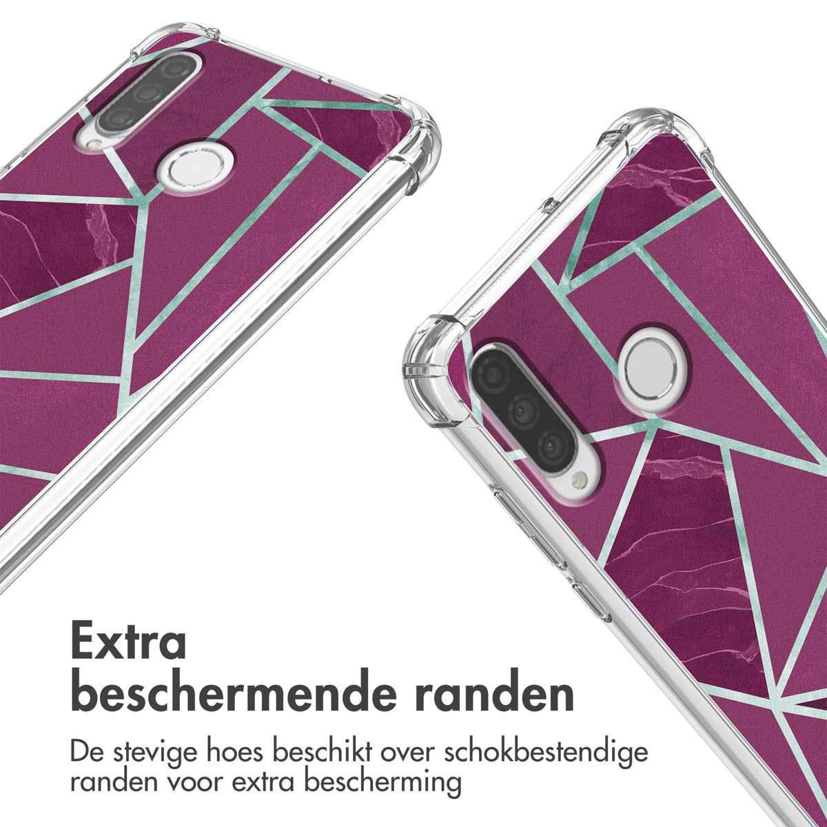Twee telefoonhoesjes met een paars geometrisch ontwerp en heldere beschermende randen. Tekst: 'Extra beschermende randen'.
