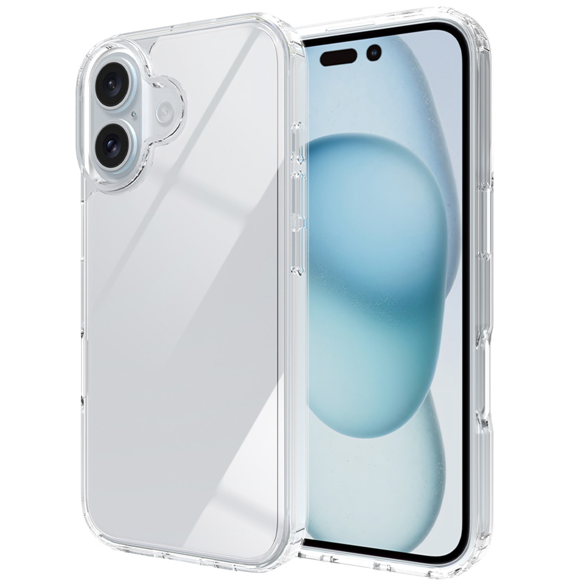Een doorzichtige telefoonhoes wordt getoond, met een telefoon erin. De hoes heeft een uitsparing voor de camera.