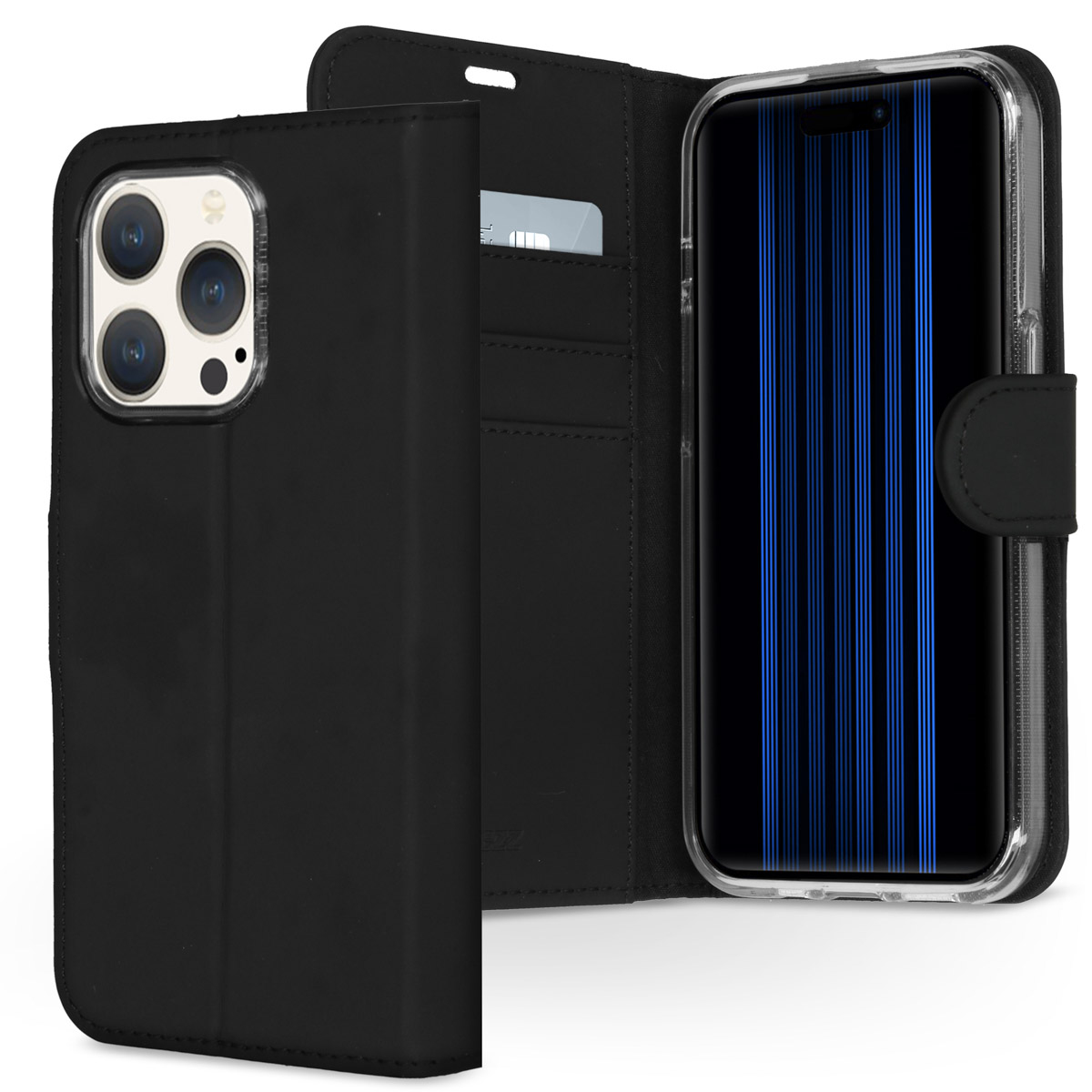 Un étui de téléphone noir ouvert, révélant un téléphone avec des rayures verticales bleues. Une carte de crédit est dans l'étui.