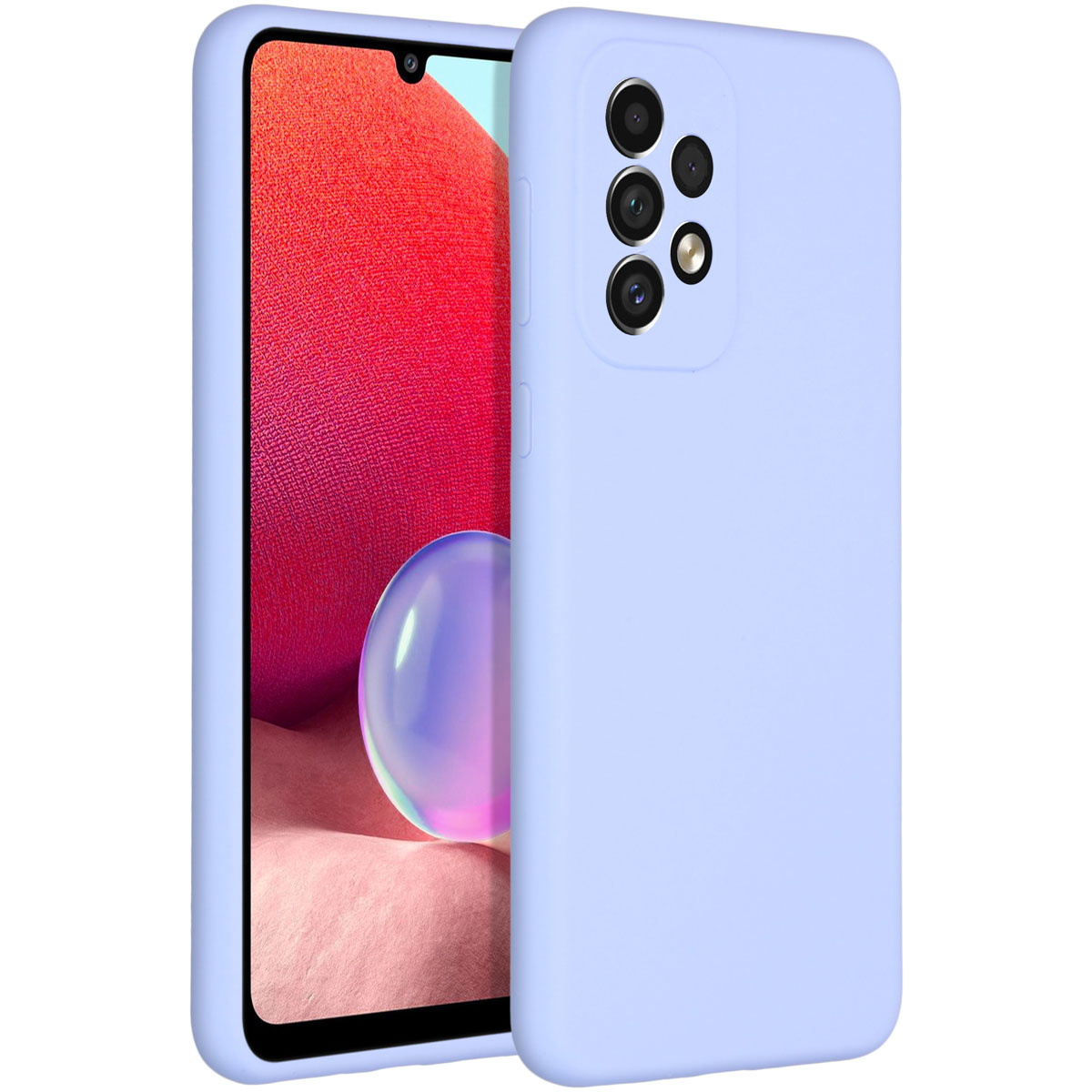 Une coque de téléphone violet clair protège un téléphone. L'écran affiche un dégradé rouge et violet avec un objectif.