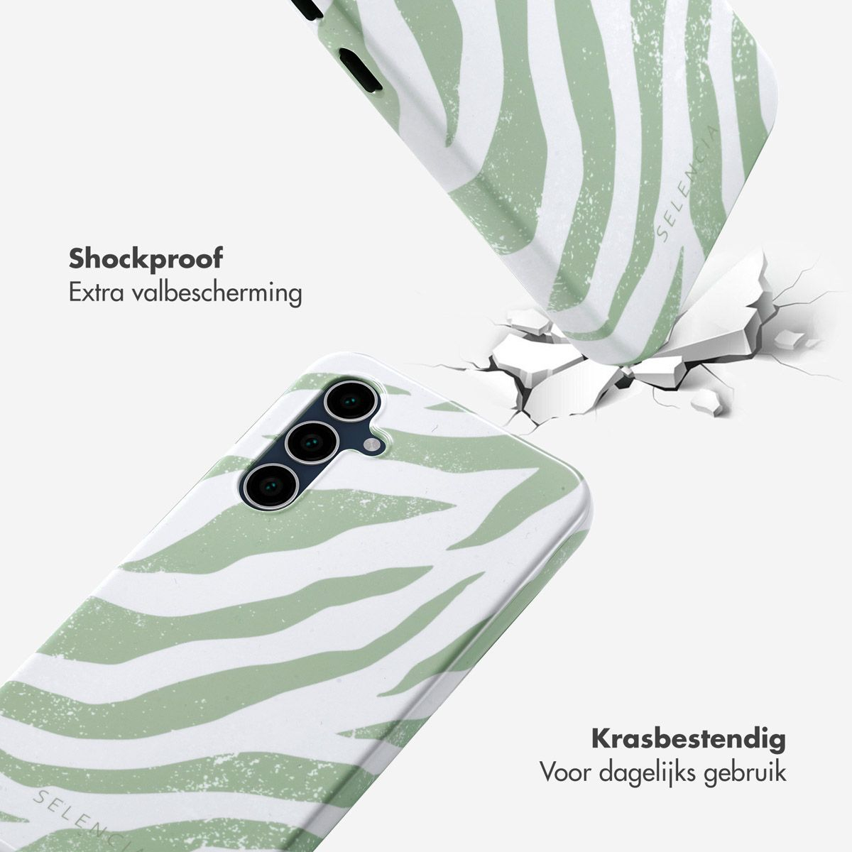 Telefoonhoesjes met zebraprint in groen en wit, die een oppervlakte breken. Tekst: Schokbestendig en krasbestendig.