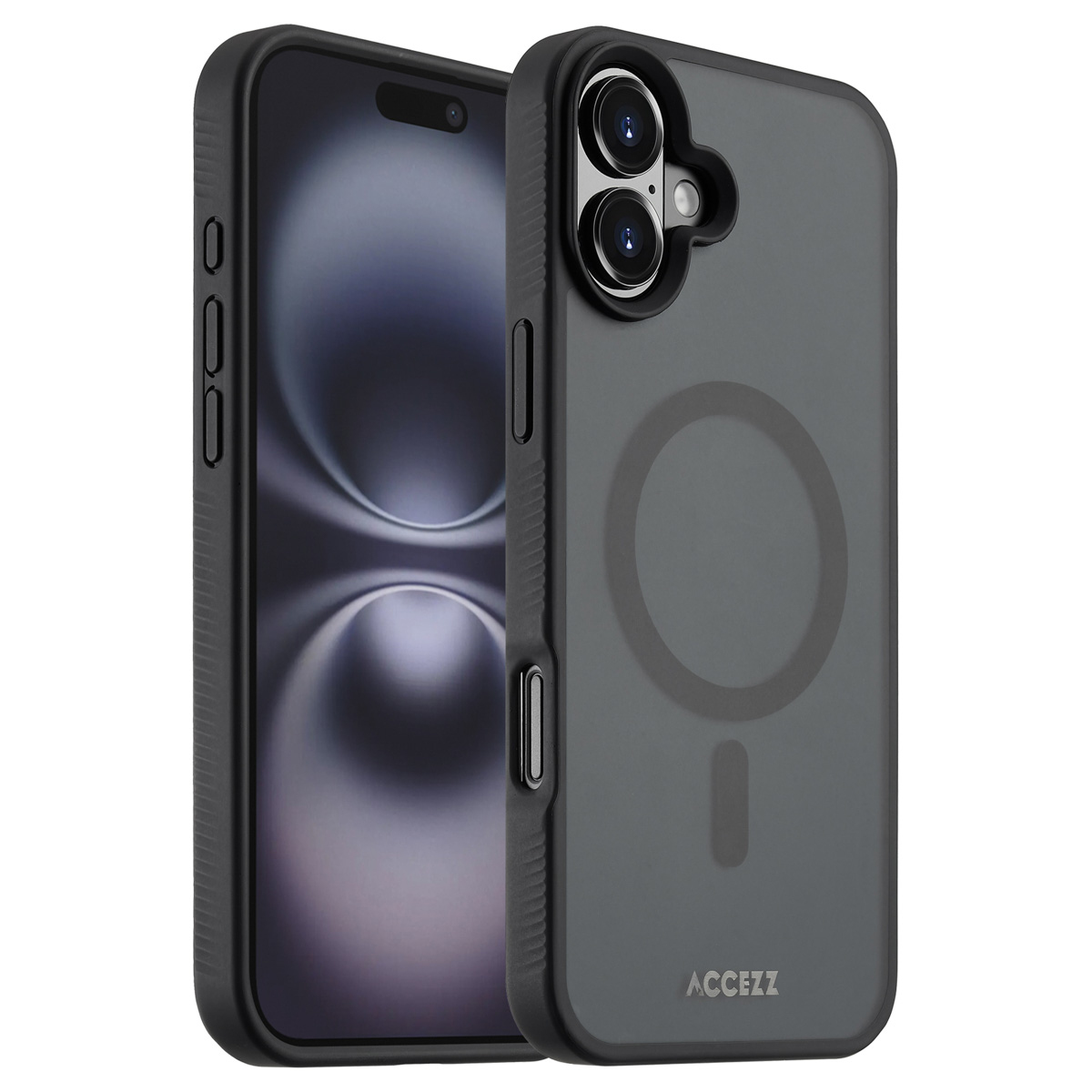 Twee zwarte telefoonhoesjes, één met een telefoon erin. De hoesjes hebben een grijze achterkant en een ringdesign, met ACCEZZ erop.