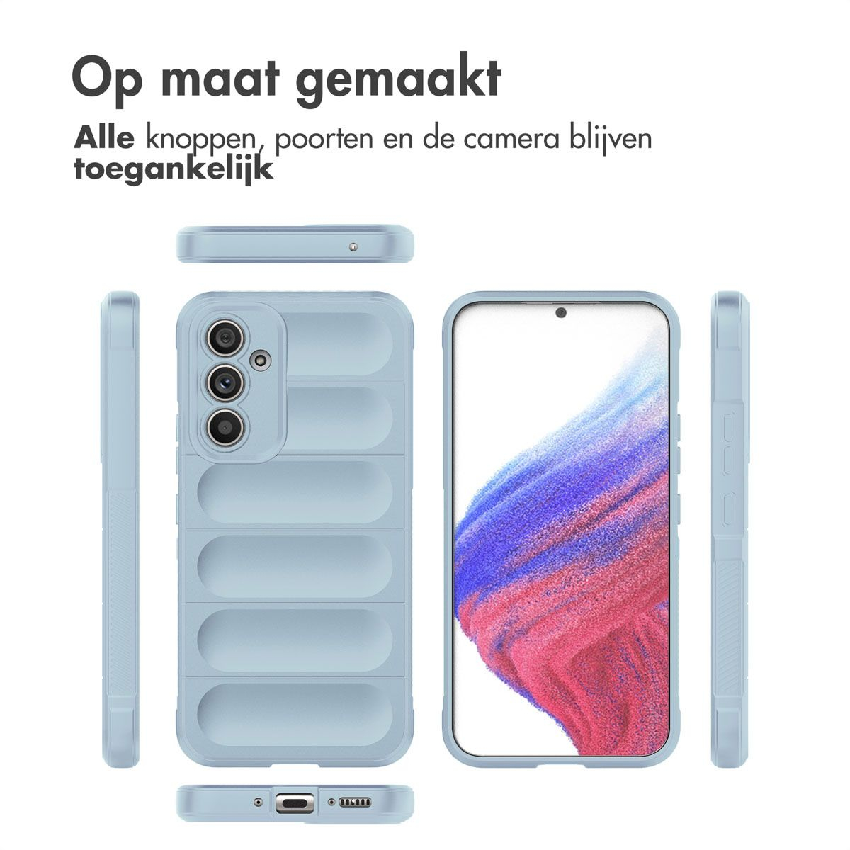 Una custodia per telefono azzurra con un telefono all'interno. La custodia ha un design strutturato e viene mostrata da più angolazioni.