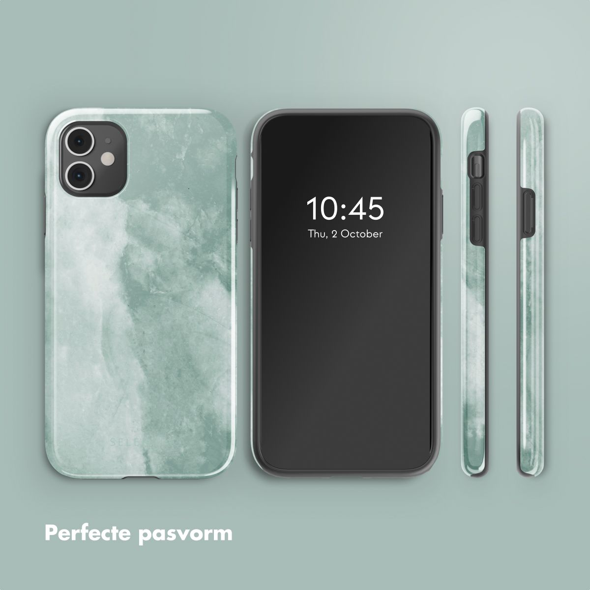 Un telefono in una custodia verde, che mostra l'ora 10:45 sullo schermo. Vengono visualizzate altre due viste del telefono.