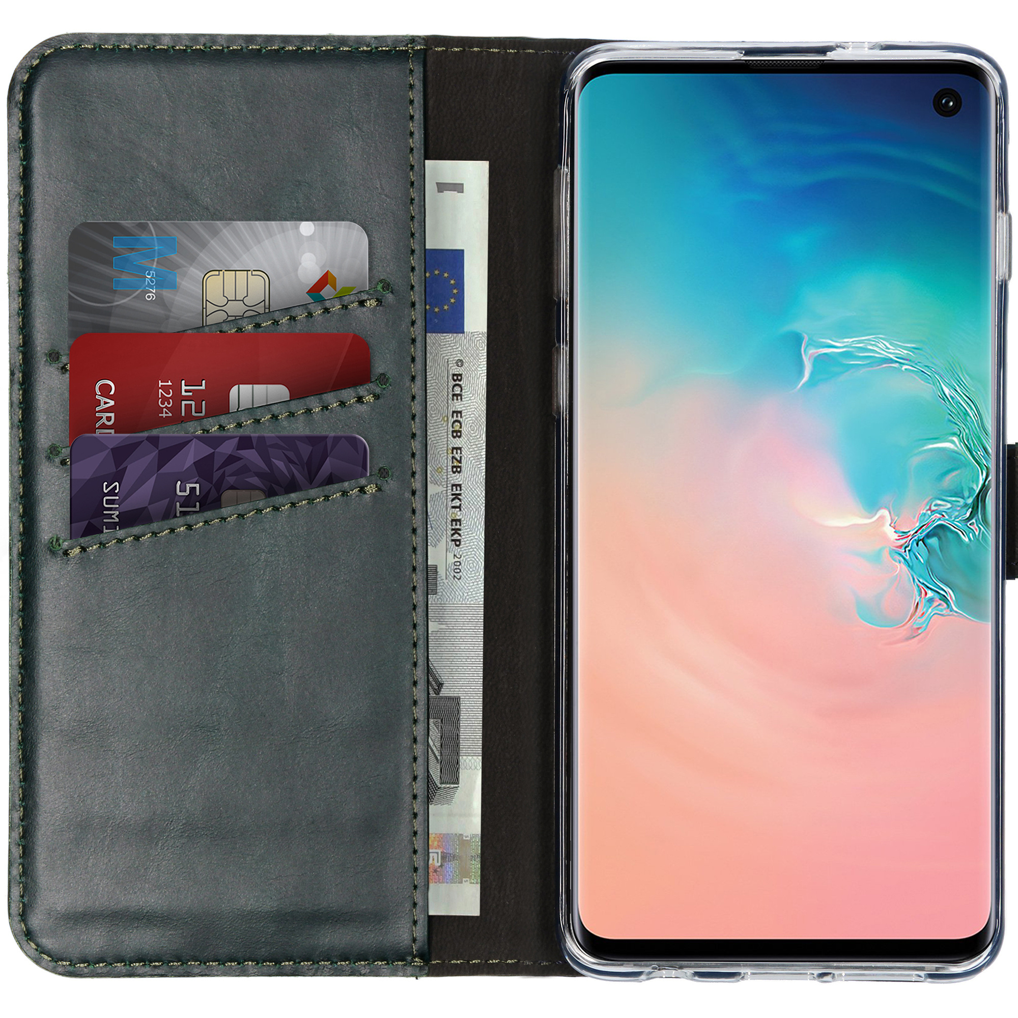 Groene portemonnee met creditcards en eurobiljet, met een smartphone.