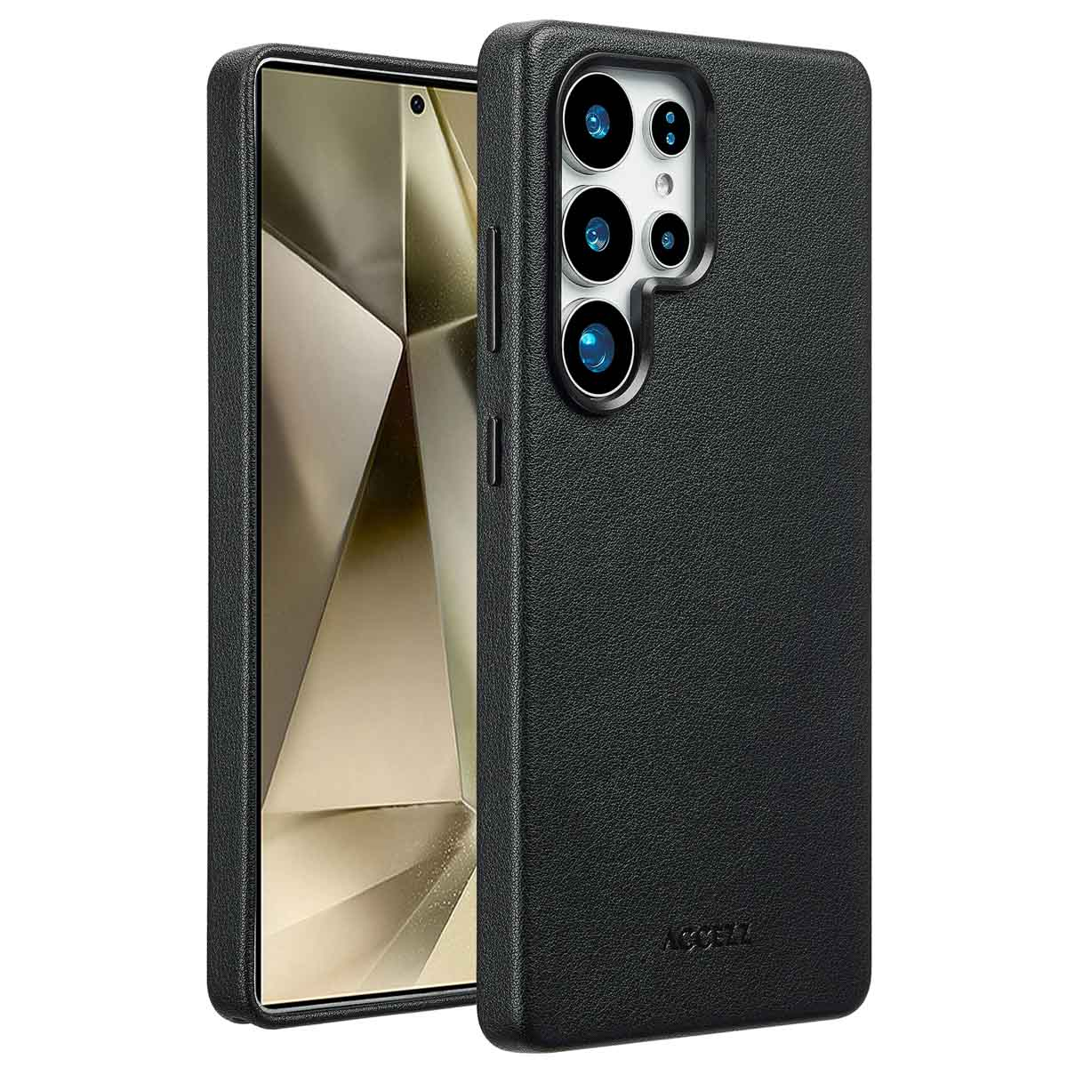 Zwarte telefoonhoes met telefoon erin. De hoes is getextureerd en toont cameralenzen. Het scherm toont een gouden patroon.