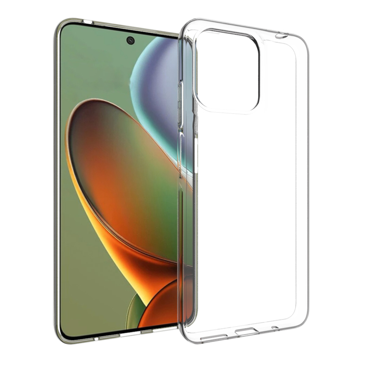 Een smartphone met een doorzichtige beschermhoes. De telefoon heeft een scherm met een gebogen ontwerp en de hoes is transparant.