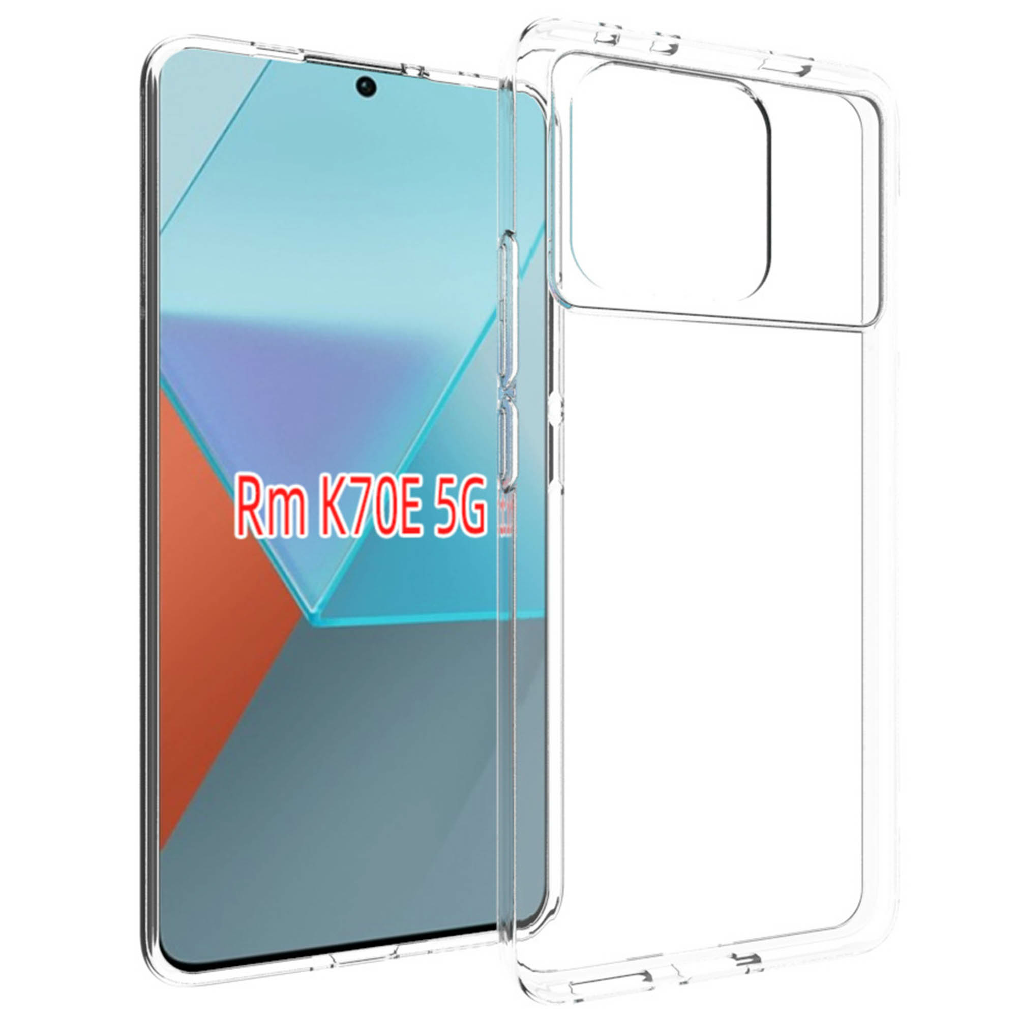 Un telefono in una custodia trasparente. Lo schermo mostra un design geometrico colorato con il testo 'Rm K70E 5G'.