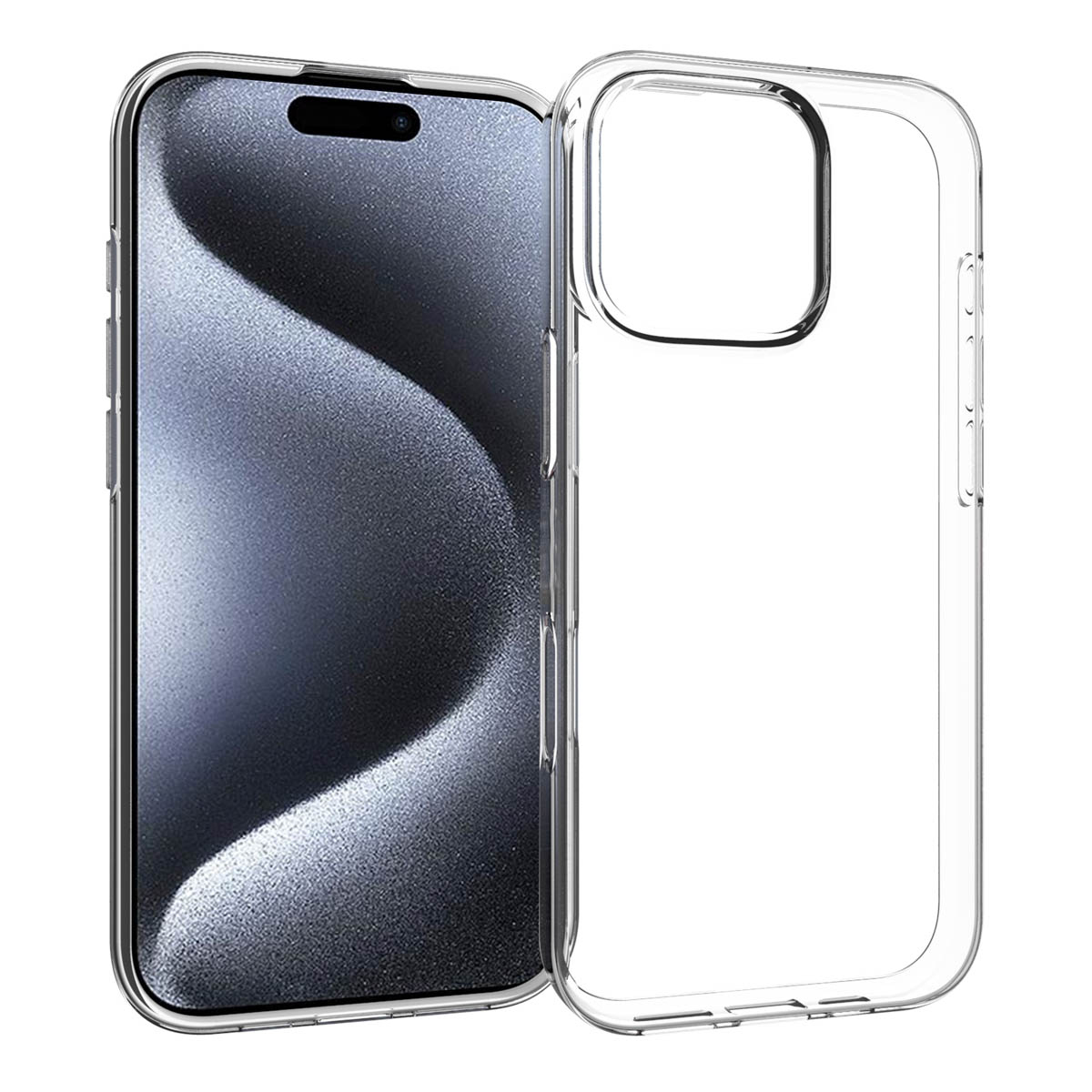 Une coque de téléphone transparente à côté d'un téléphone à écran noir. La coque est vide et transparente. Le téléphone a un écran noir.