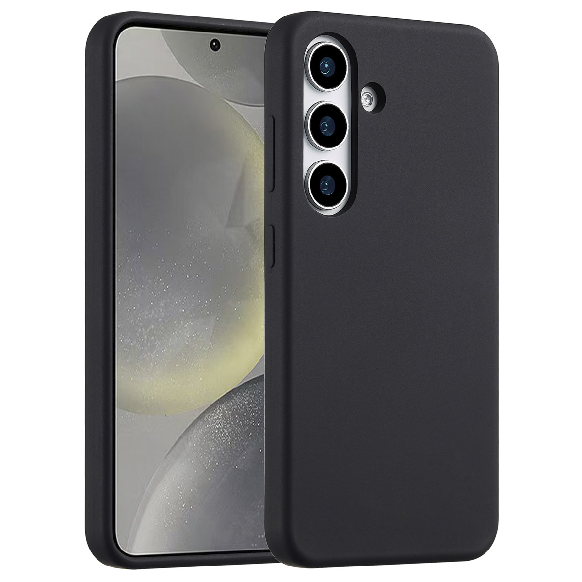 Zwarte telefoon met hoesje. Telefoonscherm toont een wazige afbeelding. Hoesje heeft drie cameralenzen. De achtergrond is wit.