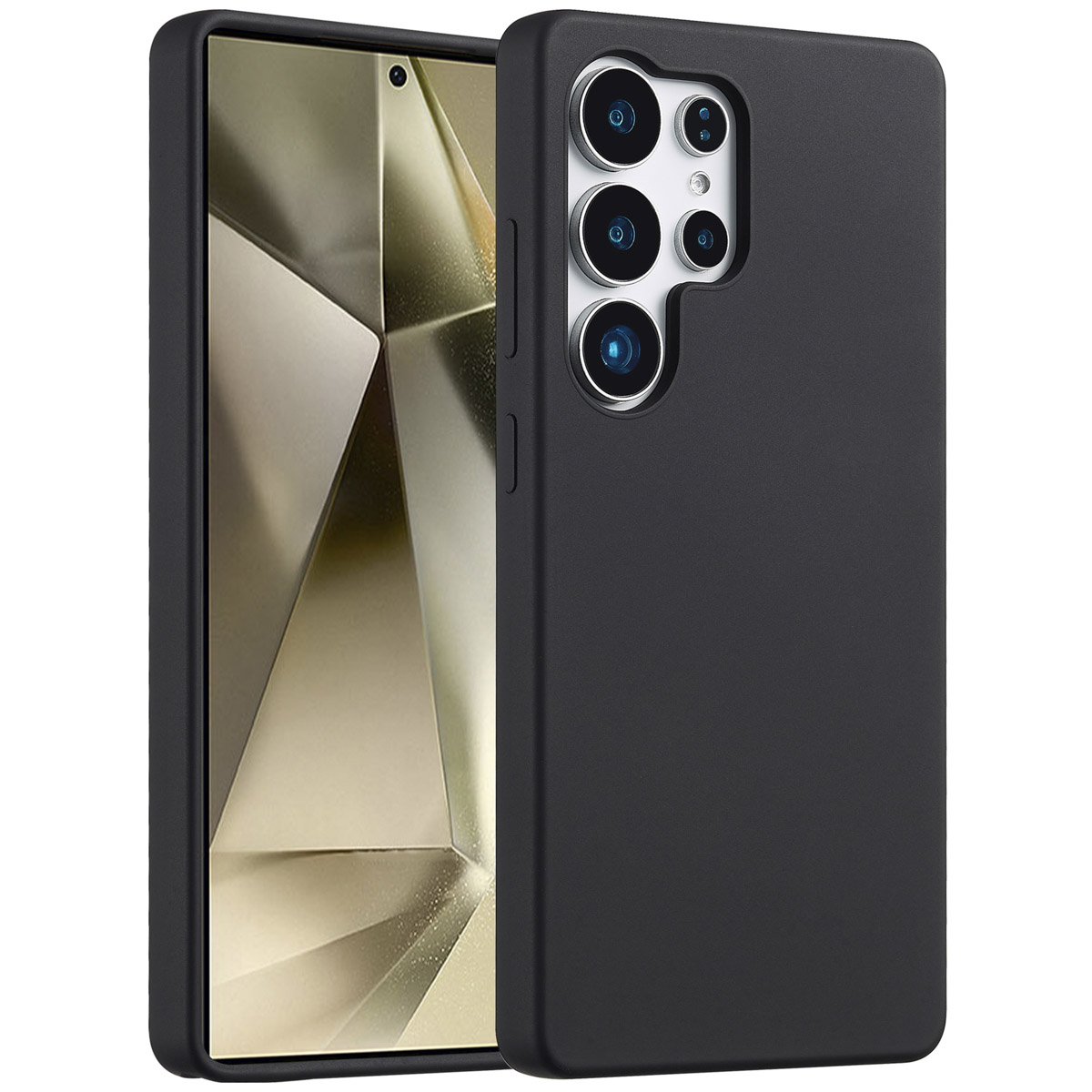 Zwarte telefoonhoes met een telefoon erin. De telefoon heeft een goudkleurig scherm. De hoes heeft meerdere cameralenzen.