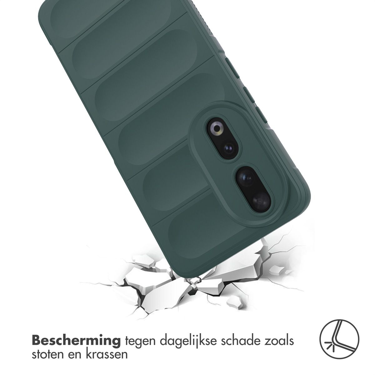 Coque de téléphone verte inclinée vers le bas, sol fissuré en dessous. Le boîtier comporte un module caméra et un design rainuré.