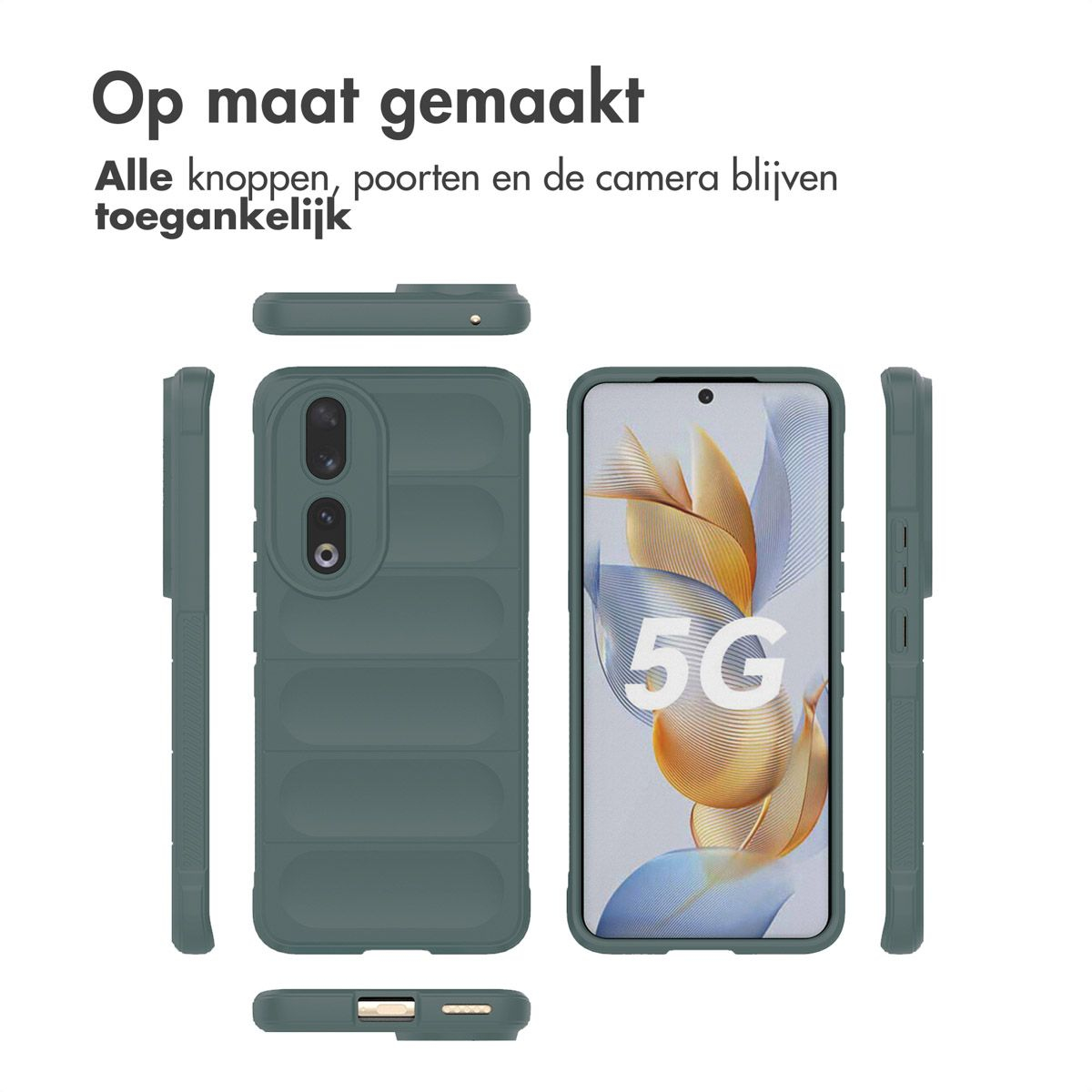 Coque de téléphone sous différents angles. La coque verte entoure un téléphone affichant '5G'. Le texte dit 'Sur mesure'.