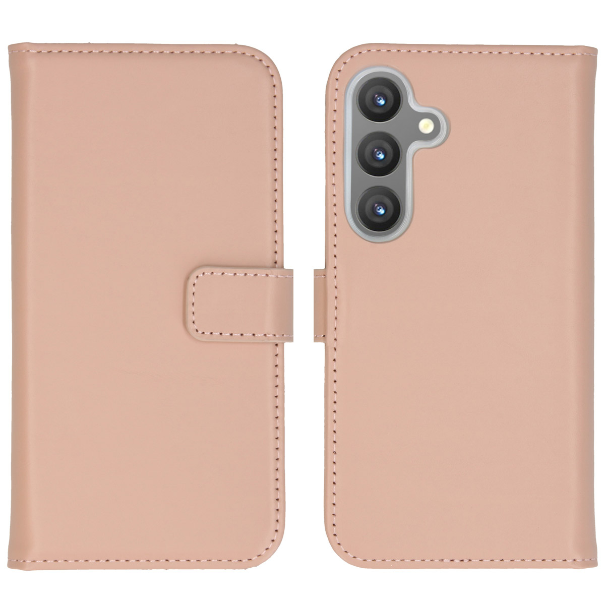 Een lichtroze telefoonhoesje is open. Het heeft een magnetische sluiting, stiksels en een uitsparing voor de camera. De achtergrond is wit.