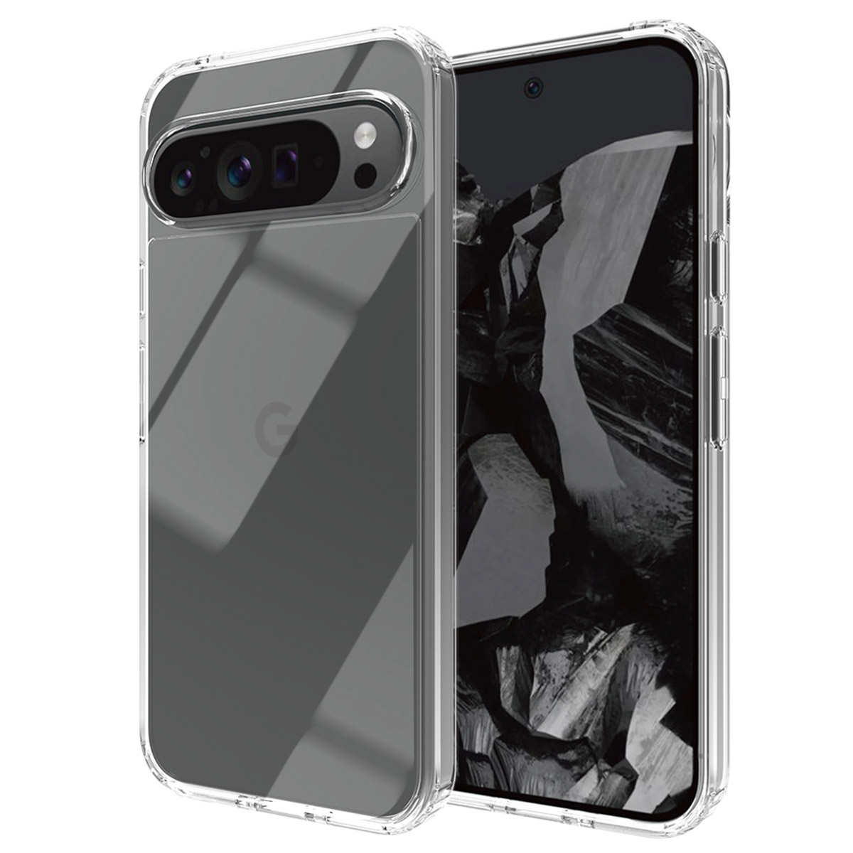 Una custodia trasparente con un telefono all'interno. Il telefono ha un rigonfiamento della fotocamera e uno schermo grafico.