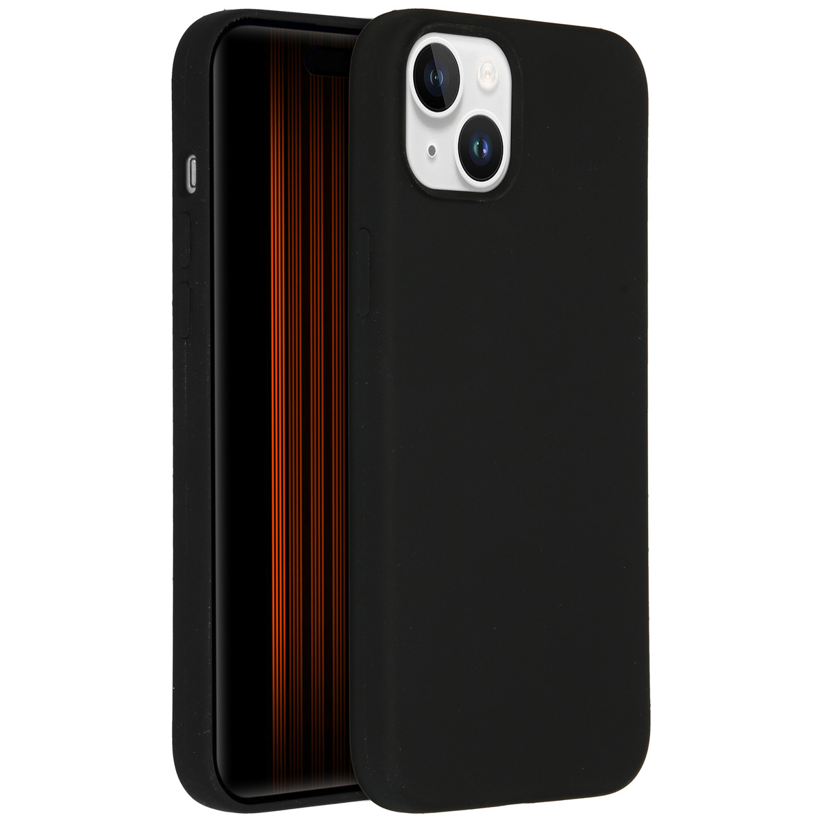 Téléphone noir avec un étui noir. L'écran affiche des lignes verticales oranges. La caméra a deux lentilles.