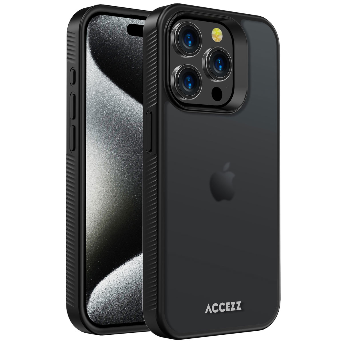 iPhone nero in una custodia protettiva. La custodia ha un lato strutturato e un retro trasparente.