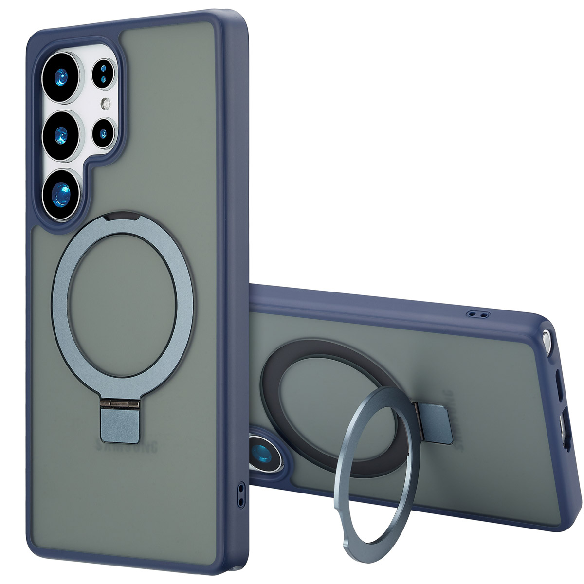 Deux coques de téléphone, une droite, une inclinée. Les deux ont des cadres bleus, des dos gris et des anneaux. L'une montre des lentilles Samsung.