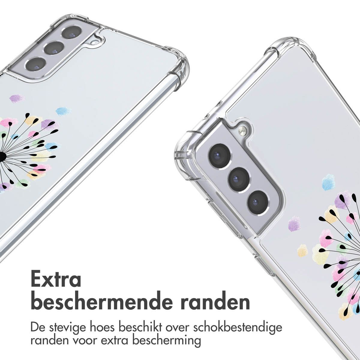 Deux coques de téléphone transparentes avec un motif de pissenlit coloré. Texte : 'Extra beschermende randen'.