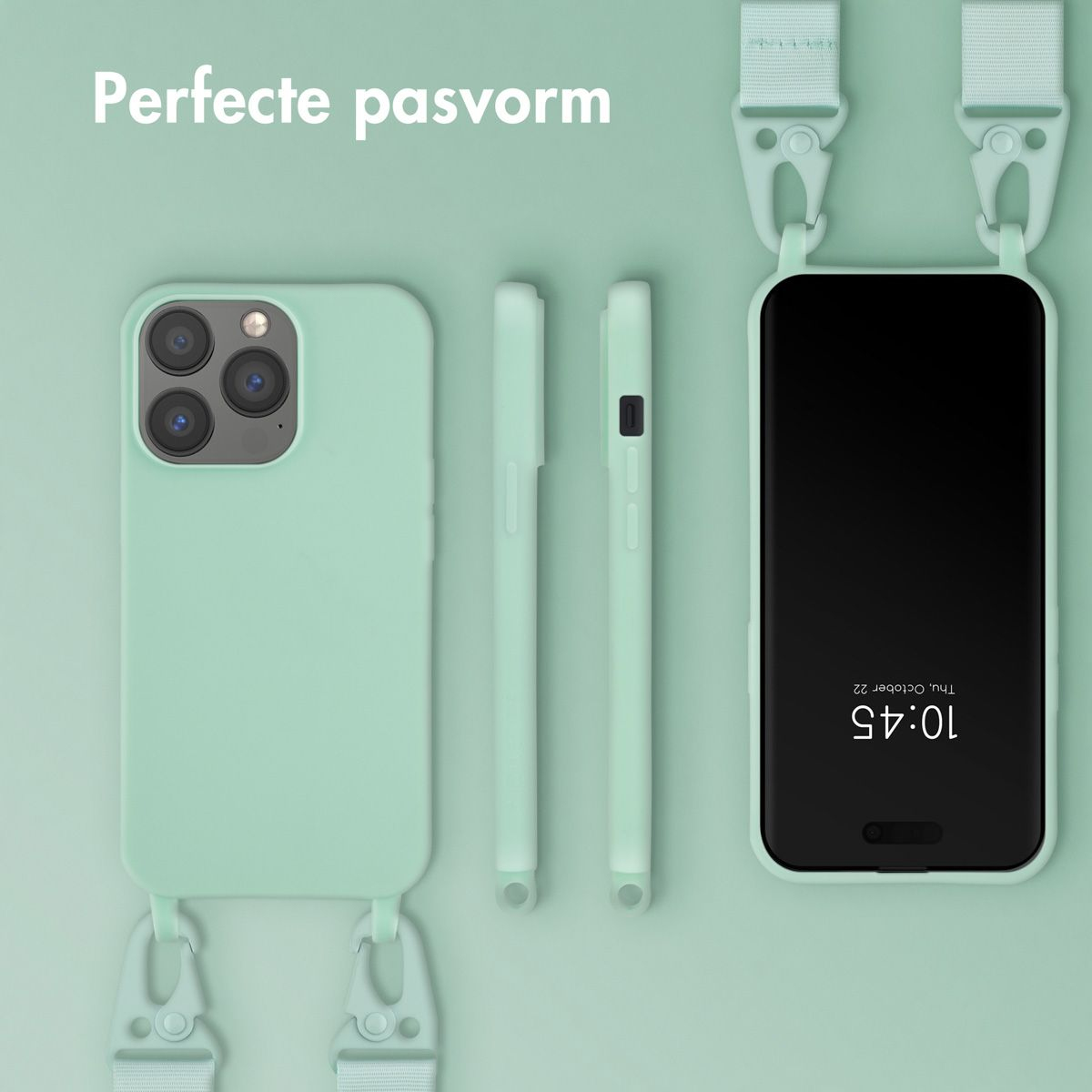 Mintgroene telefoonhoes met telefoon, twee reservehoesjes en bandjes. Het telefoonscherm toont 10:45 uur.