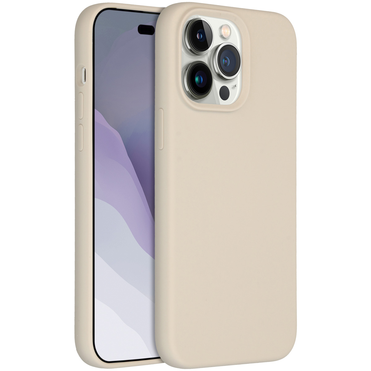Een beige smartphone in een beschermhoes. De telefoon is zichtbaar met zijn scherm en cameralenzen. De hoes is effen van kleur.