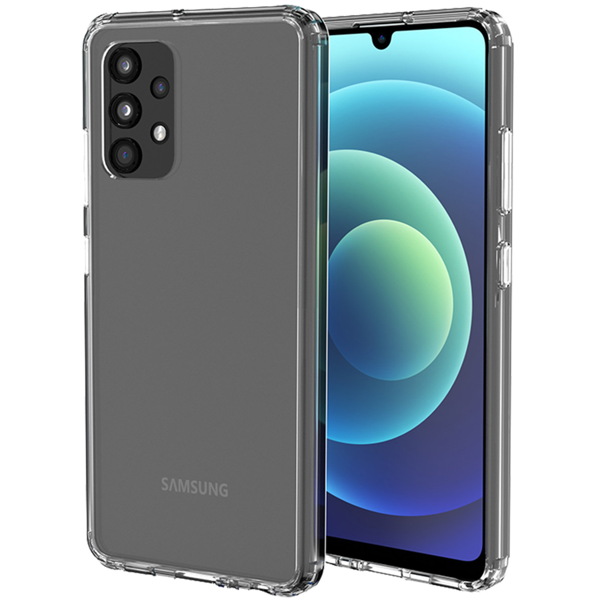 Een Samsung-telefoon in een doorzichtige hoes. De telefoon heeft een multi-camera-opstelling. Het scherm toont een blauw en wit ontwerp.