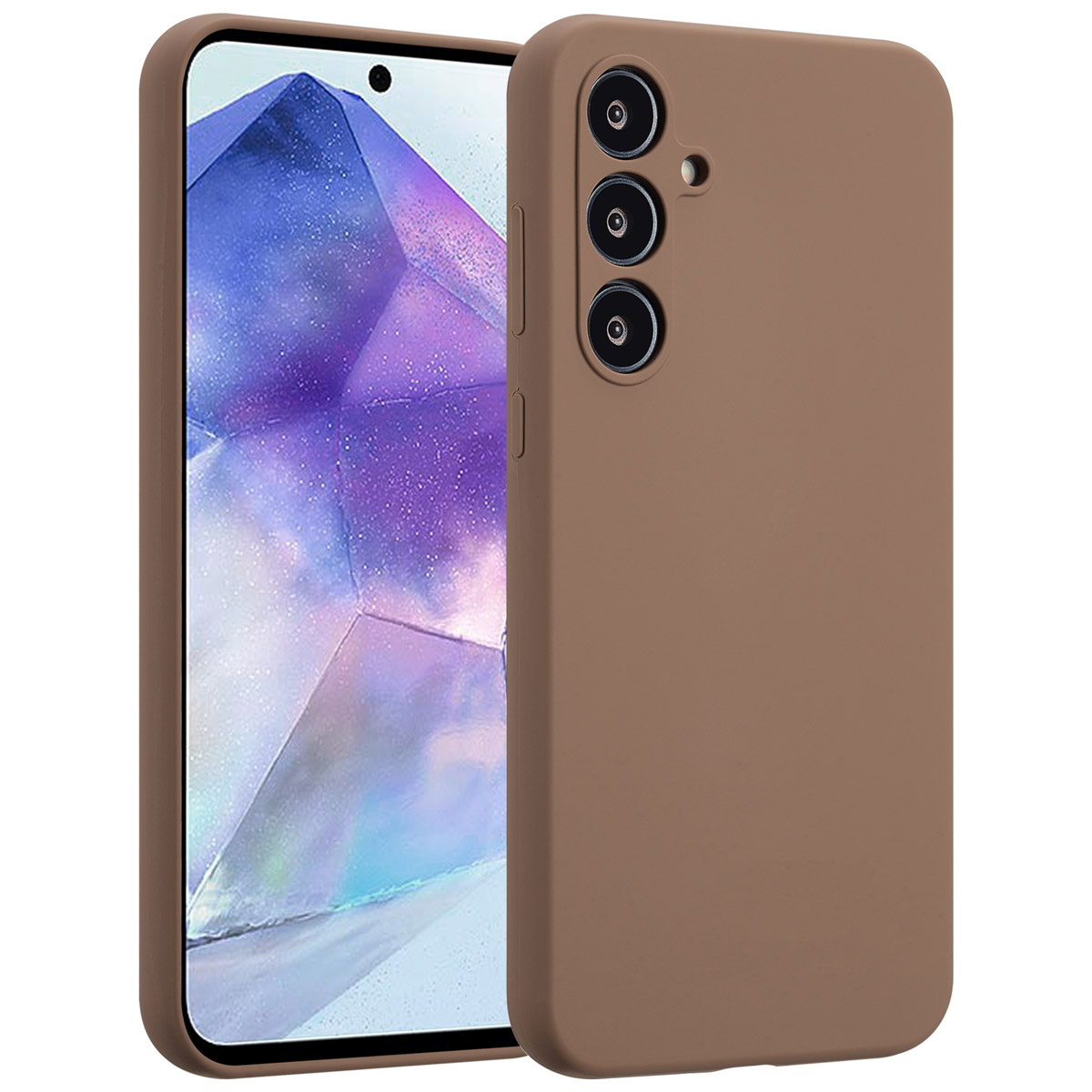 Une coque de téléphone marron avec un téléphone à l'intérieur. L'étui a des trous pour l'appareil photo et des boutons. L'écran du téléphone affiche une image violette.
