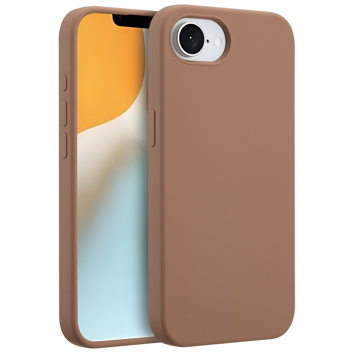 Een bruine telefoonhoes met een telefoon erin wordt getoond. Het telefoonscherm toont kleuren. De hoes heeft uitsparingen voor camera en knoppen.