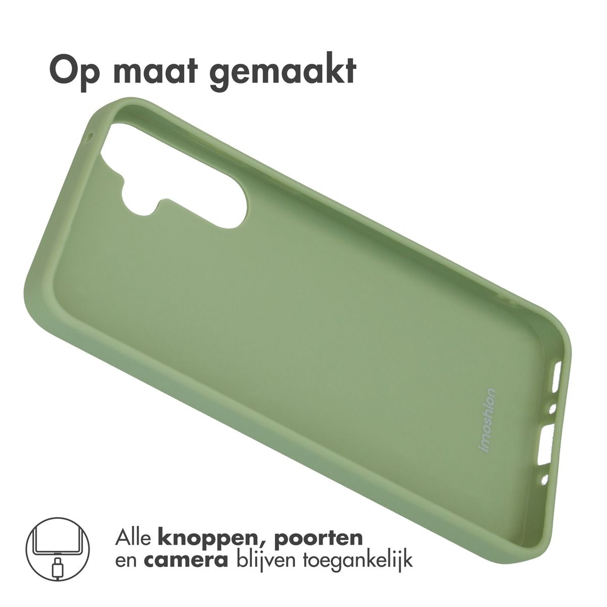 Une coque de téléphone verte sur fond blanc. Texte : 'Op maat gemaakt' et 'Alle knoppen, poorten en camera blijven toegankelijk'.