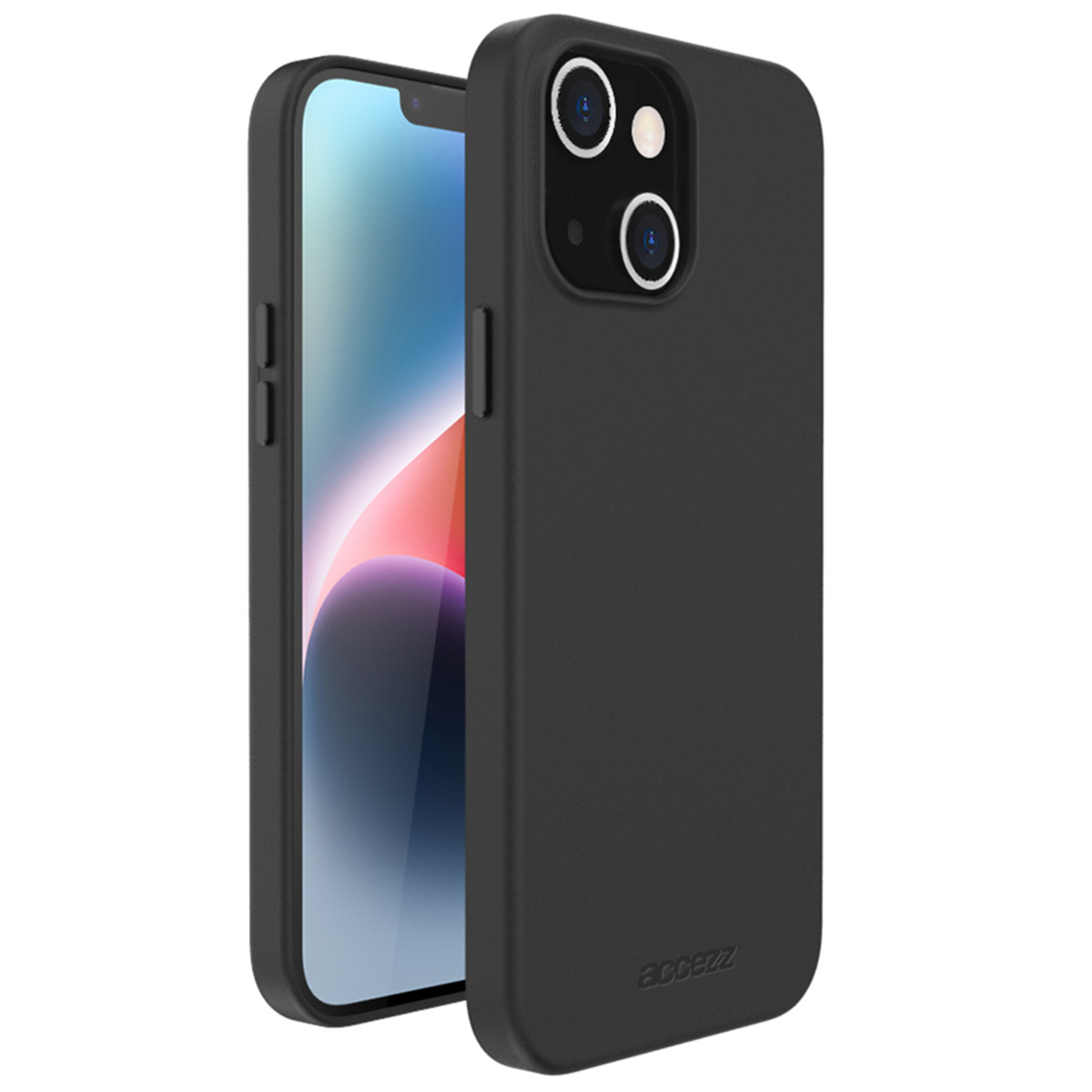 Een zwarte telefoonhoes met een telefoon erin. Het telefoonscherm toont een kleurverloop. Op de hoes staat het woord 'accezz'.