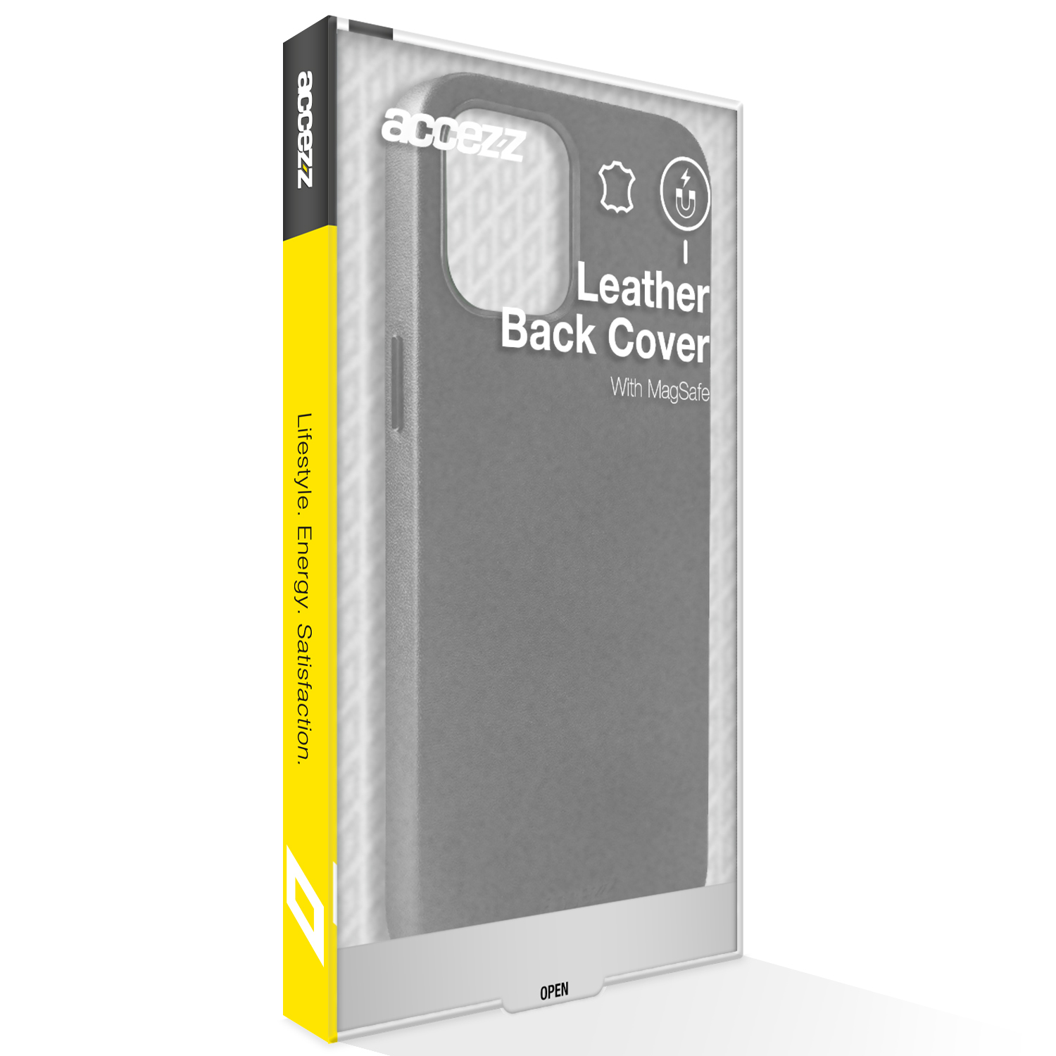 Een grijze leren achterkant in een doorzichtige plastic hoes. De hoes heeft het merk 'accezz' en de tekst 'Leather Back Cover'.