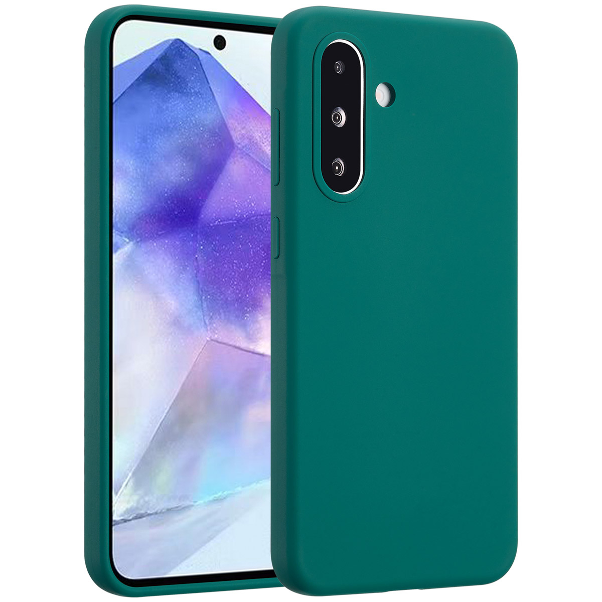 Een groene telefoonhoes en een telefoon worden getoond. Het scherm van de telefoon toont een abstract ontwerp in paars en wit.