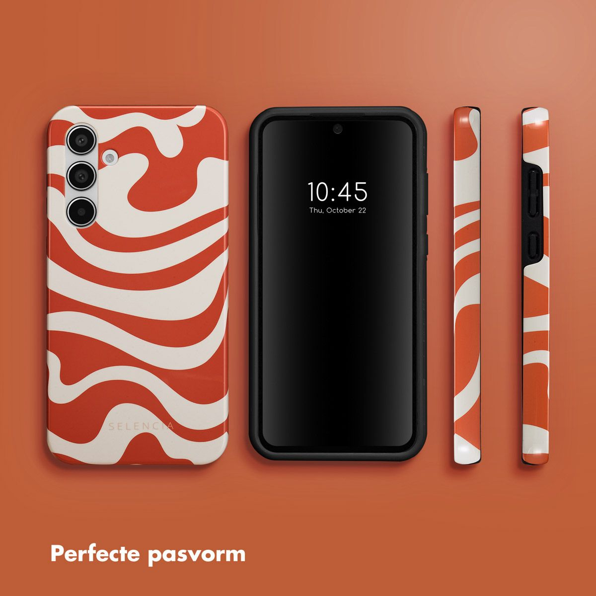 Een telefoon en hoesjes met een oranje en wit golvend ontwerp. De telefoon toont de tijd 10:45. De achtergrond is oranje.