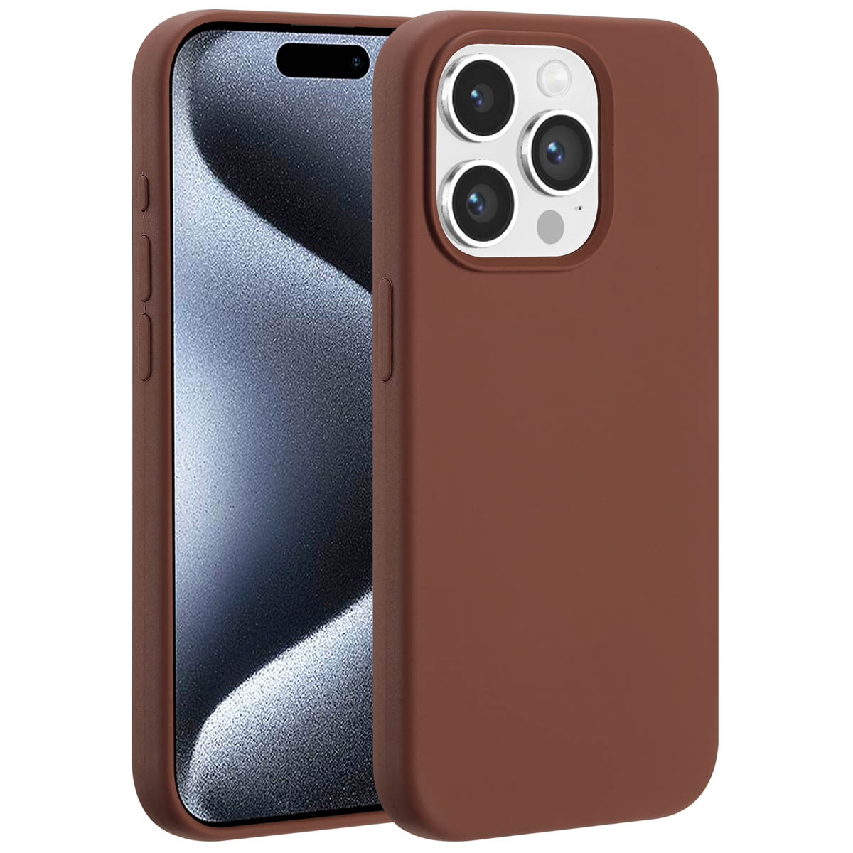 Zwei braune Handyhüllen mit einem Telefon im Inneren. Kameralinsen sind auf der braunen Hülle sichtbar.