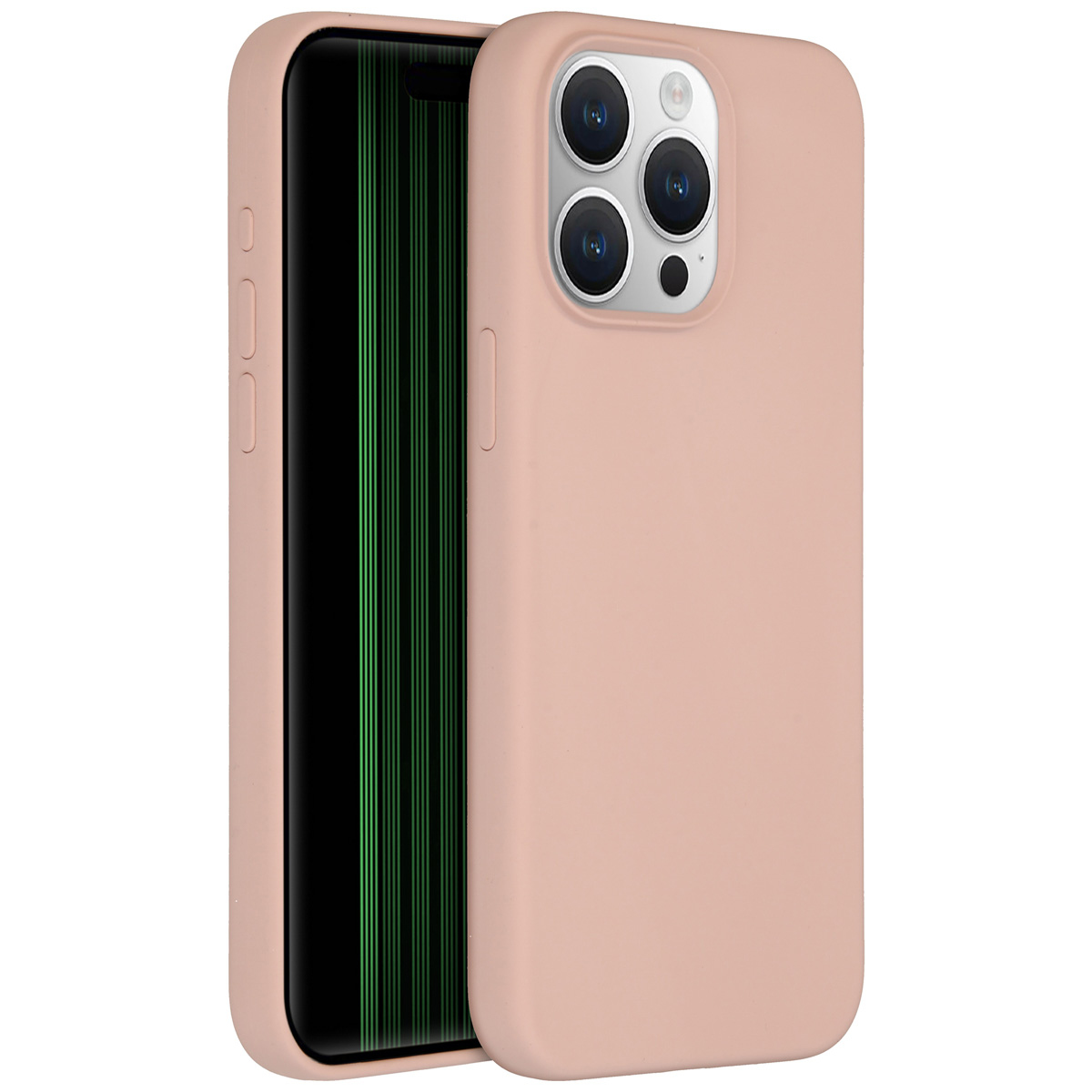 Een roze telefoonhoesje met een telefoon erin. Het scherm toont groene lijnen. De hoes heeft een camera.