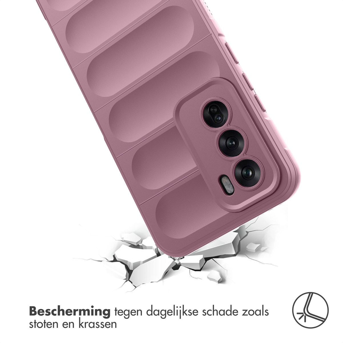 Gros plan sur une coque de téléphone rose avec module caméra. La coque semble résistante aux chocs et brise une surface.