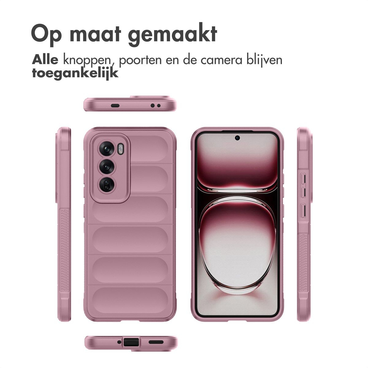 Coque de téléphone rose avec plusieurs vues. Vues avant, arrière, latérales et supérieures. Texte : 'Op maat gemaakt' et 'Alle knoppen... toegankelijk'.