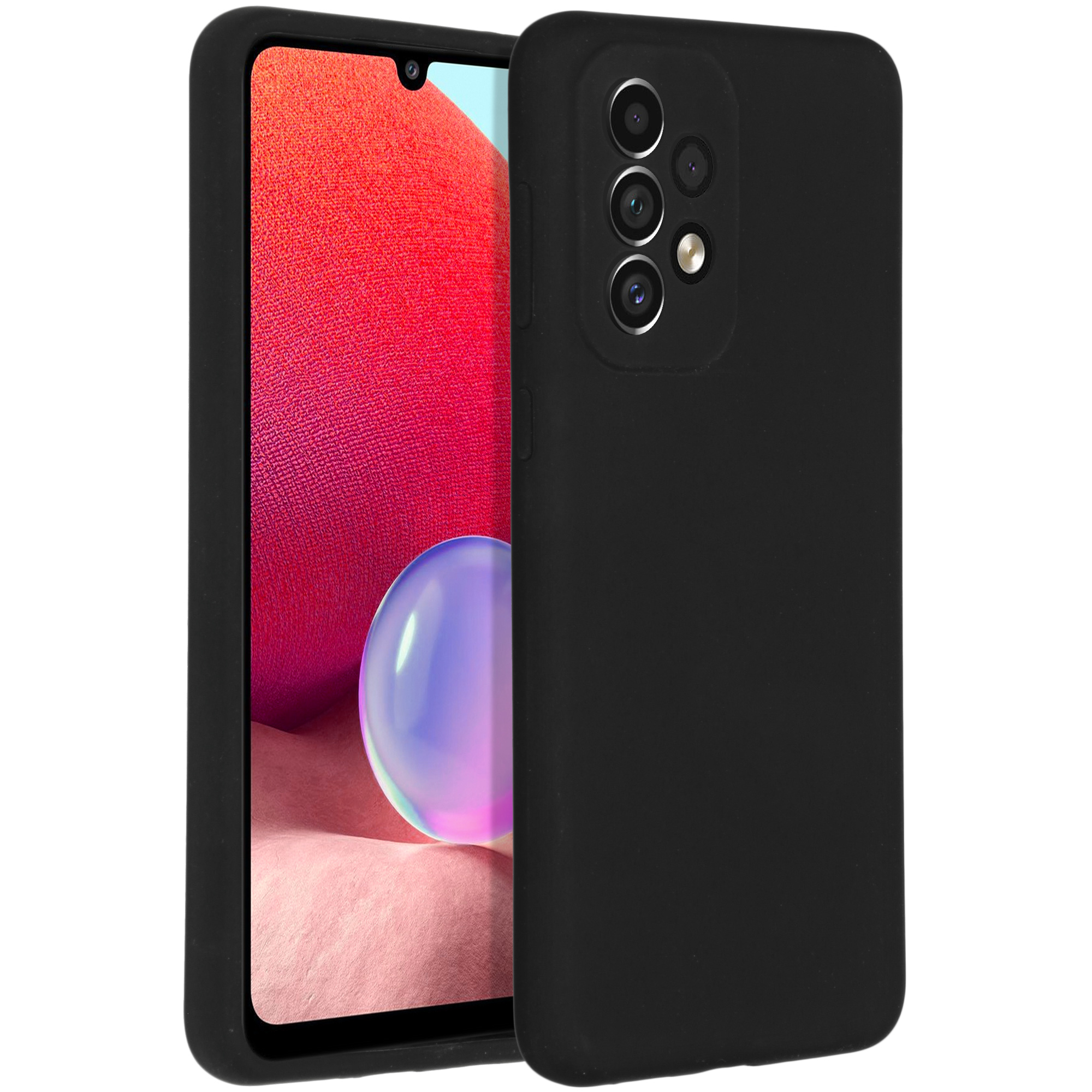 Coque de téléphone noire sur un téléphone. L'écran est rouge. La coque recouvre le téléphone.