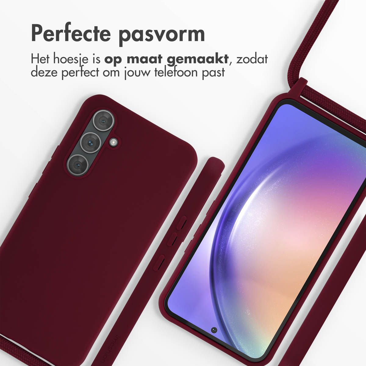 Close-up van een telefoon in een bordeauxrode hoes met een koord. Het scherm is zichtbaar, de hoes is gelabeld 'imeshion'.