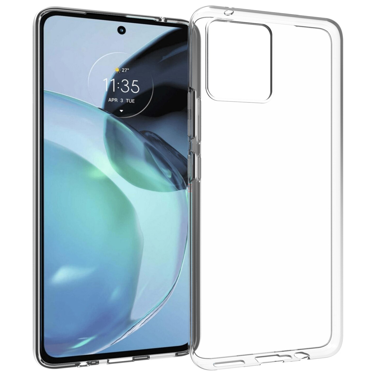 Un smartphone avec un écran affichant l'heure et la date, à côté d'une coque transparente. La coque est à droite.