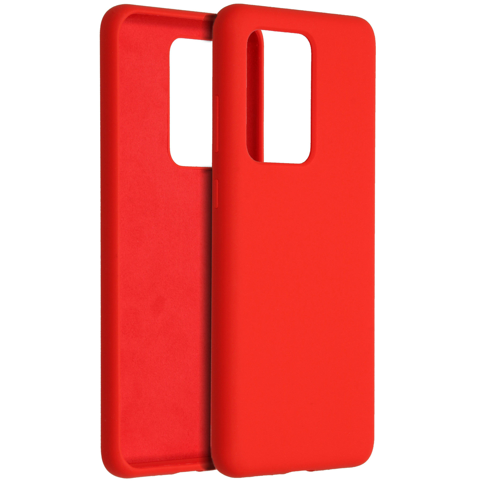 Twee rode telefoonhoesjes, één open, op een witte achtergrond. Elk heeft camera- en knoopuitsparingen.
