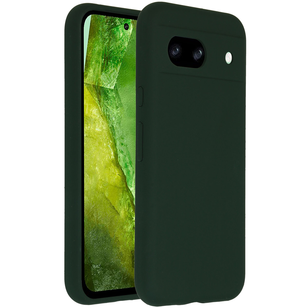 Een donkergroene telefoonhoes bedekt gedeeltelijk een smartphone en onthult een groen en geel scherm. De hoes heeft camera-uitsparingen.