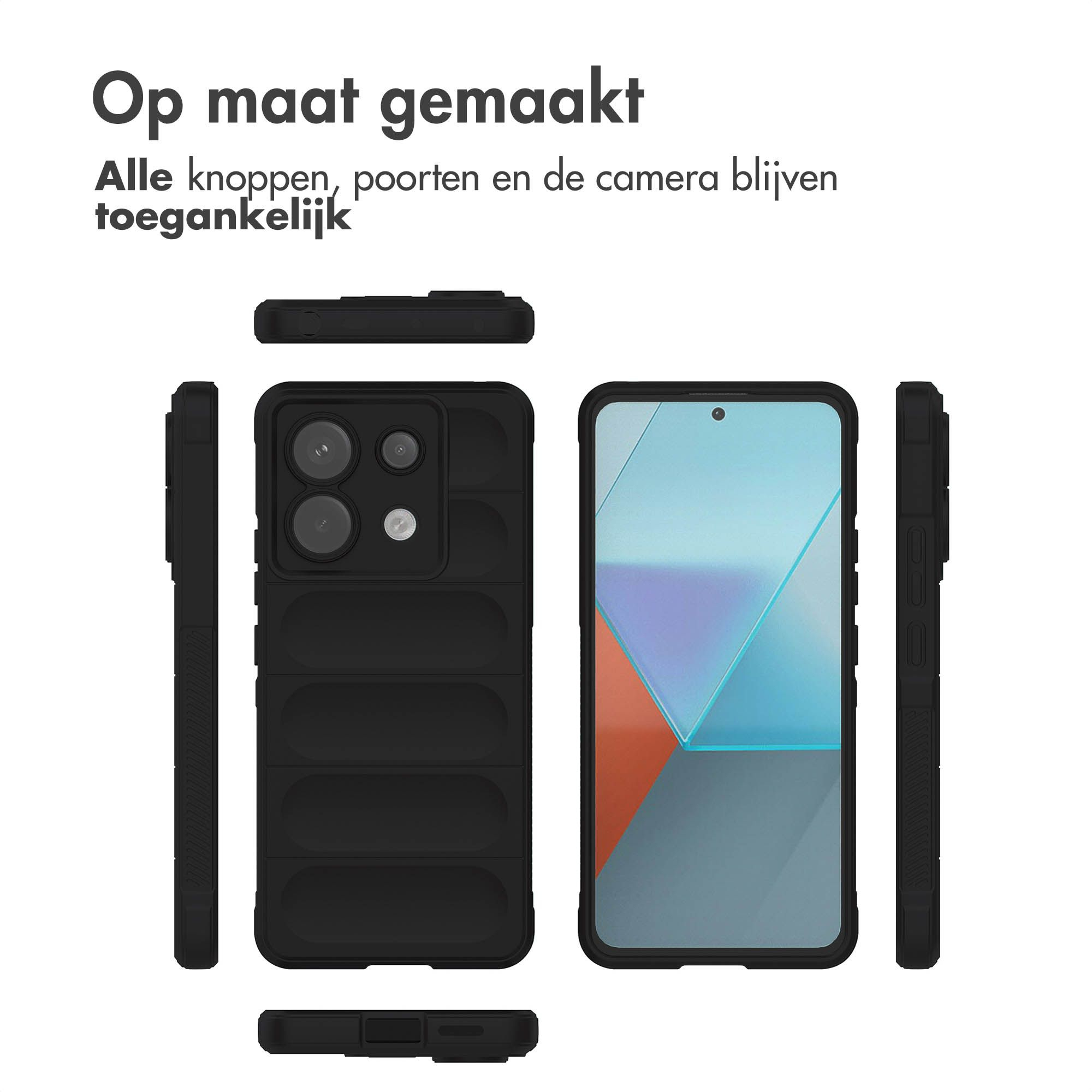 Zwarte telefoonhoes met telefoon en tekst op witte achtergrond. De tekst luidt: 'Op maat gemaakt'.