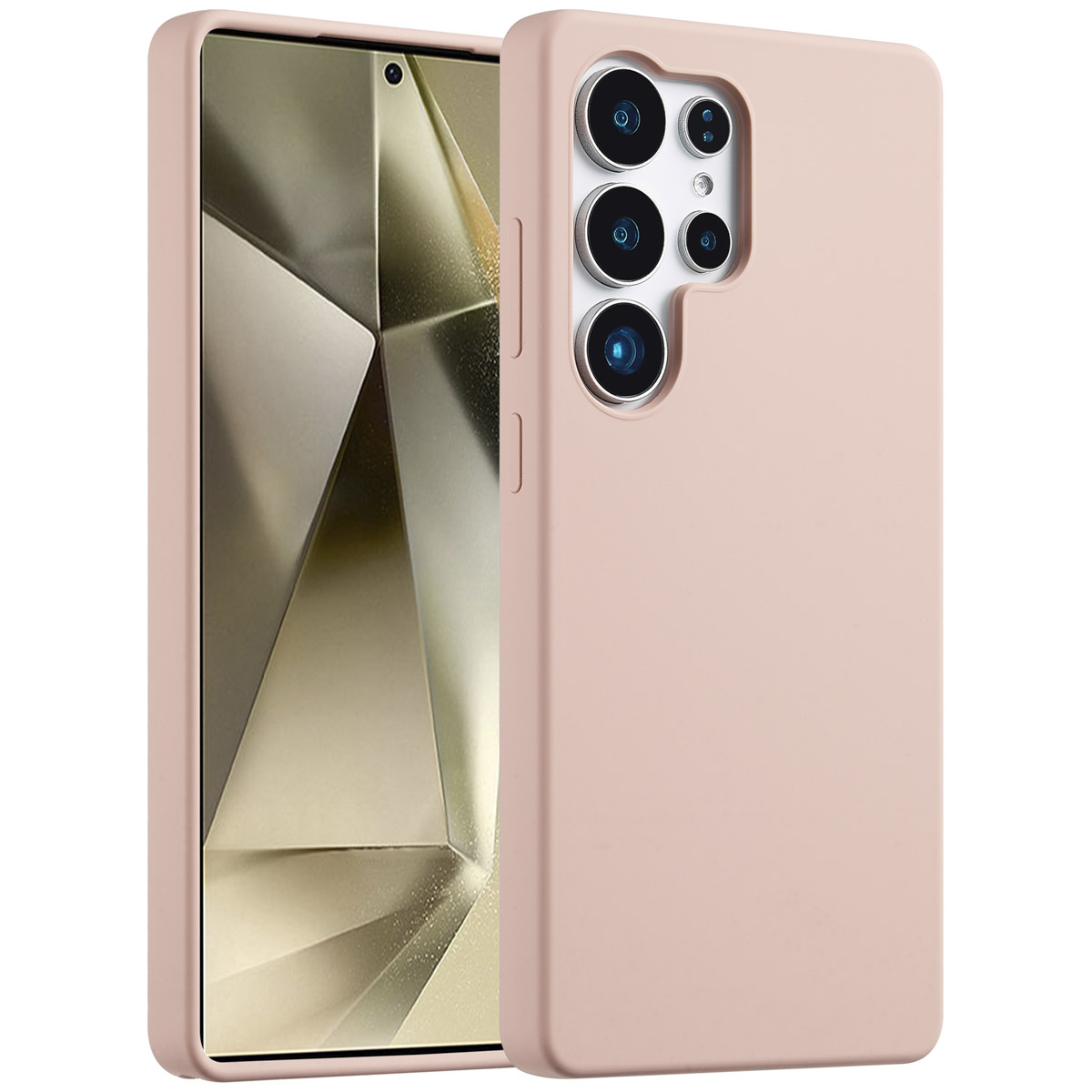 Een roze telefoonhoesje en telefoon, het scherm van de telefoon is zichtbaar, de hoes heeft camera gaten.