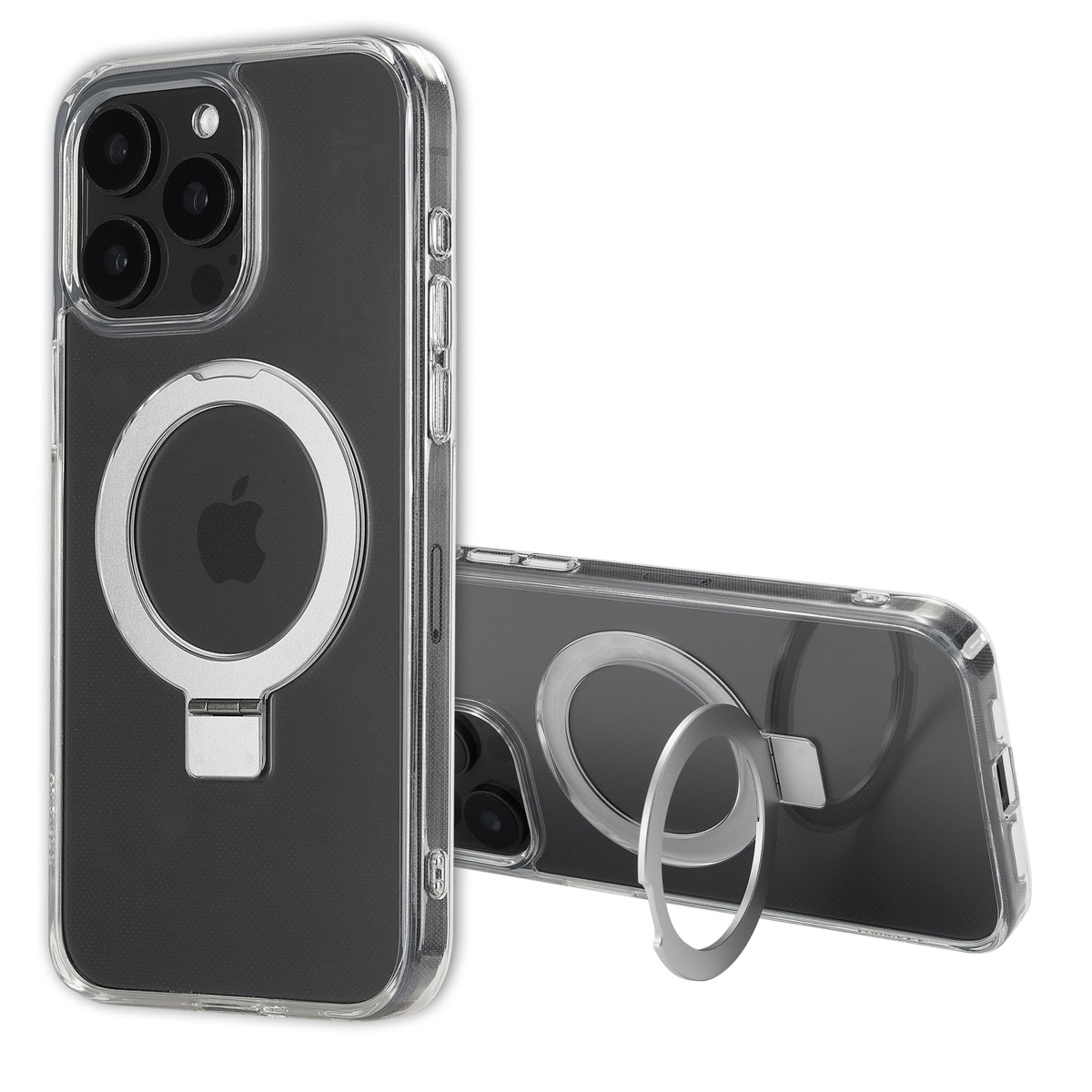 Transparente iPhone-Hülle mit silbernem Ringständer, schwarzem Hintergrund und Apple-Logo. Eine Hülle steht, die andere liegt.