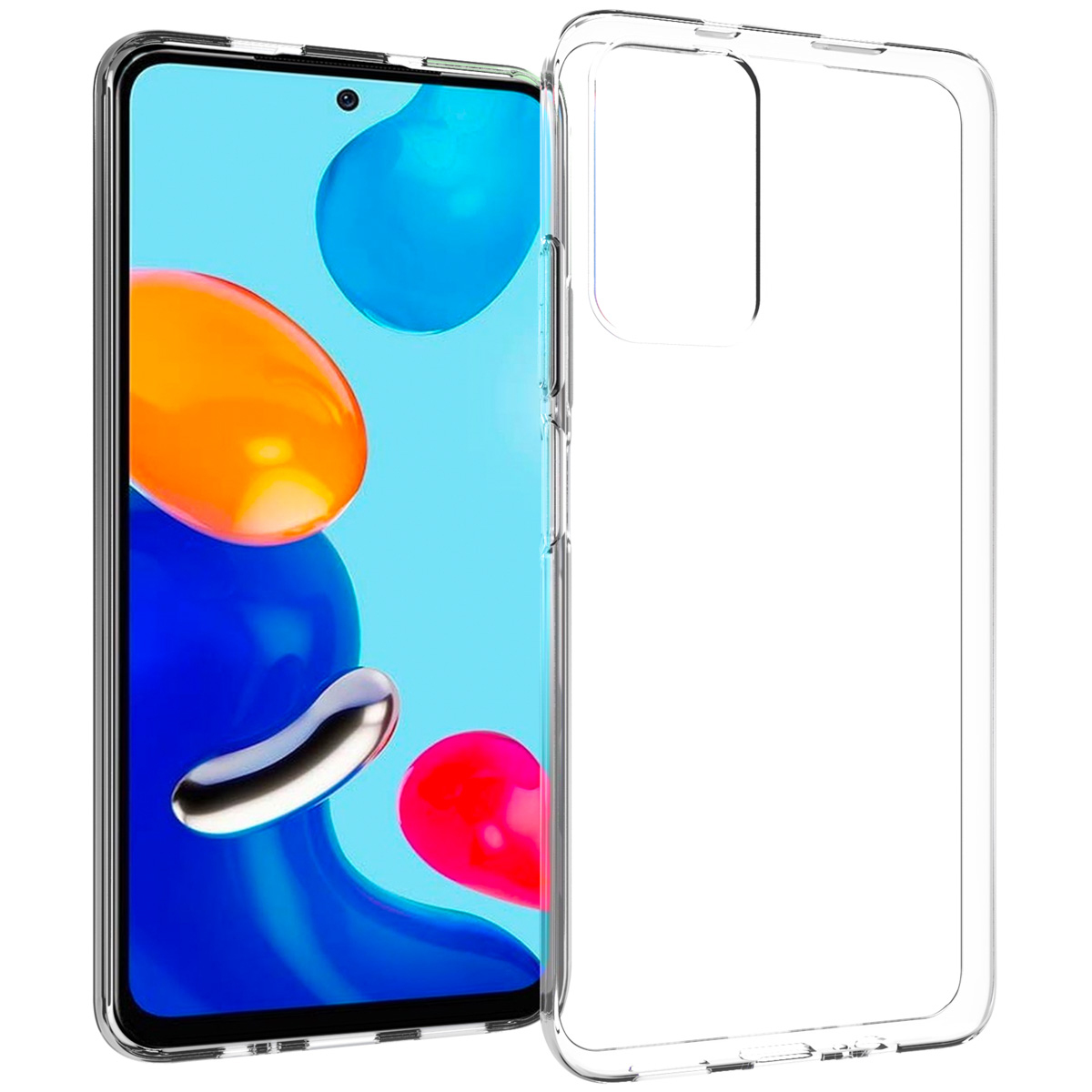 Un smartphone avec une coque transparente à gauche. L'écran affiche des formes colorées. La coque est séparée à droite.