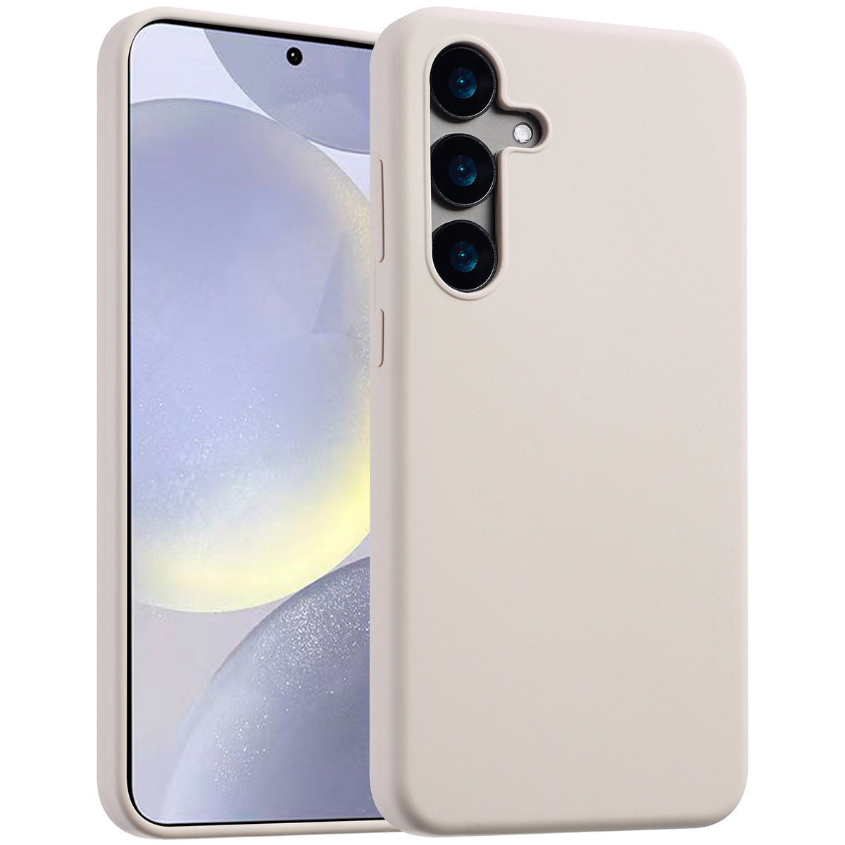Un smartphone et un étui beiges sont affichés. Le téléphone est visible, avec l'étui à côté. L'étui a trois objectifs d'appareil photo.
