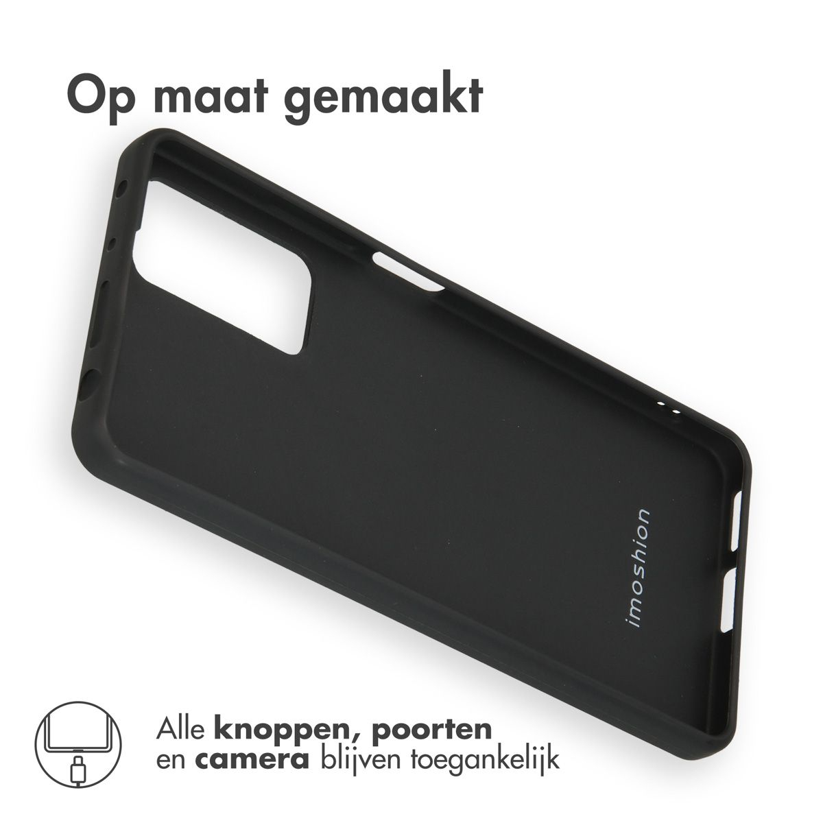 Een zwarte telefoonhoes met de tekst "Op maat gemaakt." en "imoshion". Het toont ook een afbeelding van een telefoonhoesje.