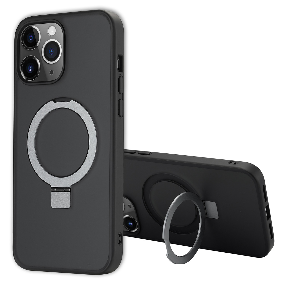 Twee zwarte telefoonhoesjes met zilveren ringhouders. Eén staat rechtop, de andere ligt, beide tegen een witte achtergrond.